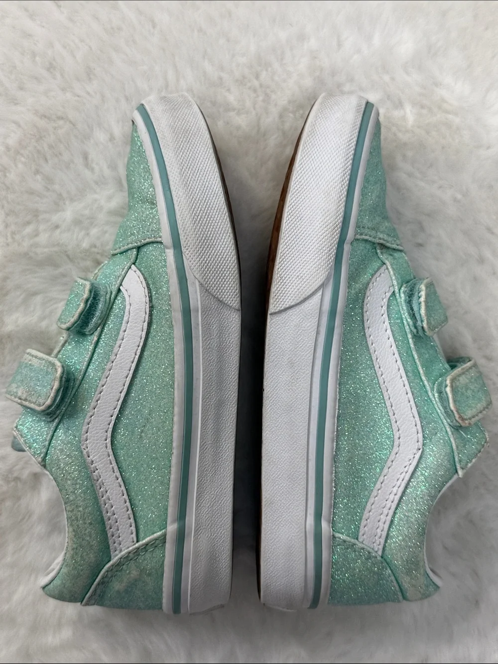 Vans Old Skool V Kids 13 Mint Aqua Iridescent Glitter Hook & Loop Sneaker Skater
